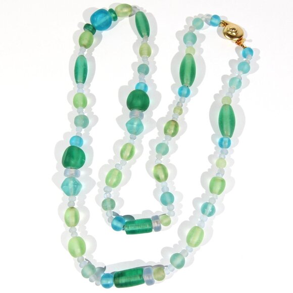 Vintage Museum Fine Arts Gold Tone Clasp Necklace w/ Blue & Green Sea Glass Bead - Picture 4 of 8